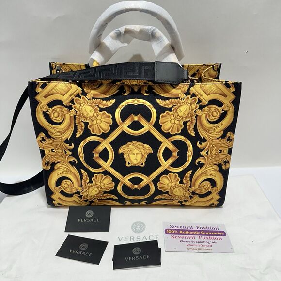Versace Medusa Black Gold Canvas Large Tote Greca Strap Bag NWT $1,475 - Picture 2 of 10